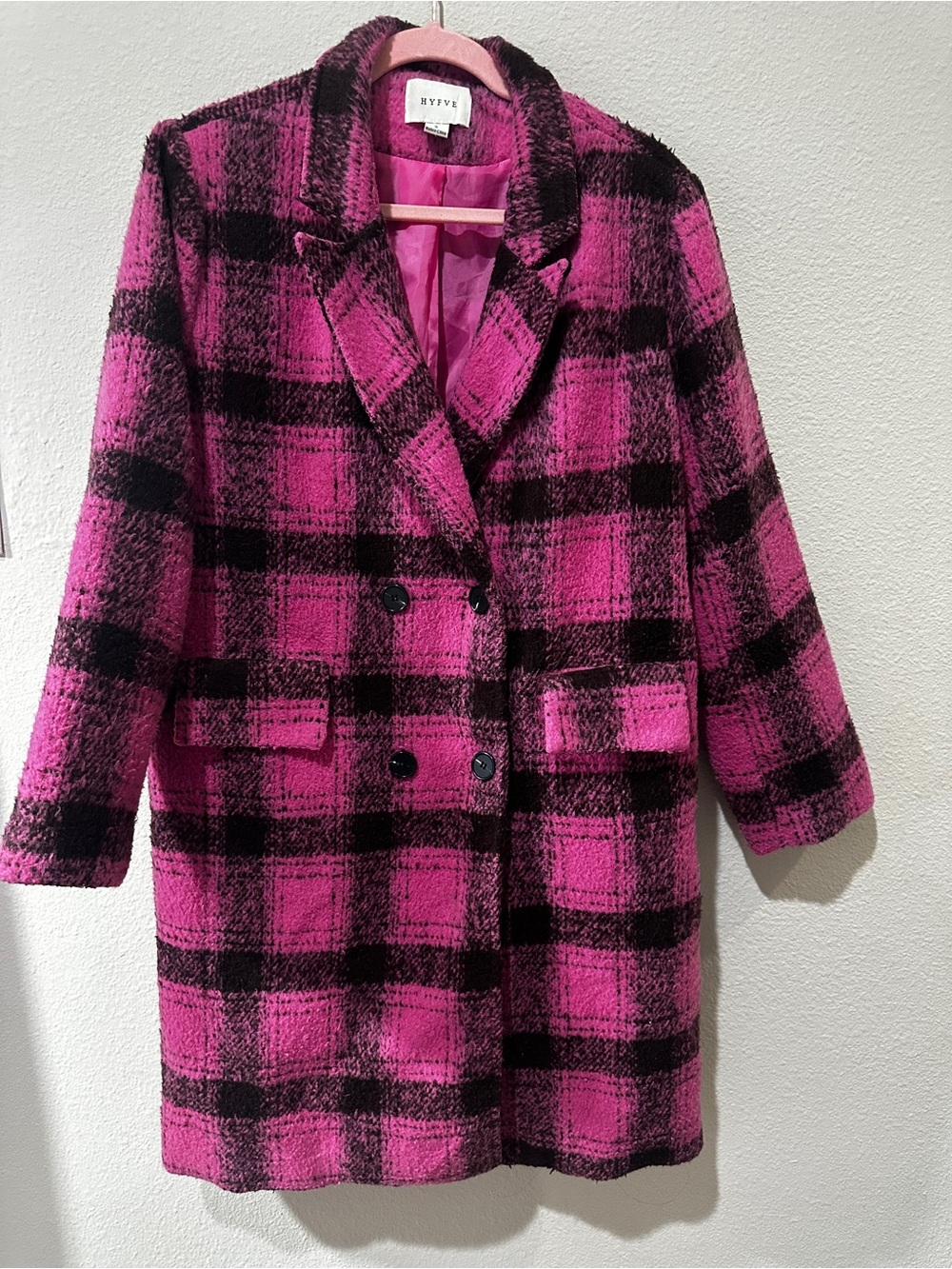 HYFVE Pink and Black Plaid Double-Breasted Pea Coat
